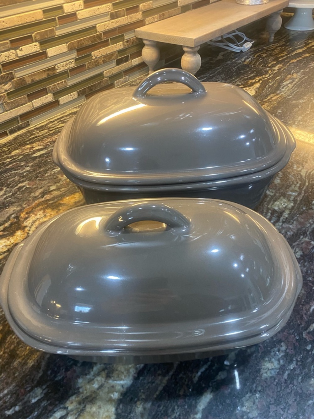 NWOT Pampered Chef Gray Ceramic Covered Casserole Set 1.5 and 3.1 Quart